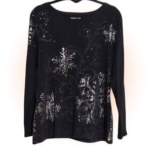 Y2K SILVER FOIL SNOWFLAKES LONG SLEEVE T-SHIRT EUC L